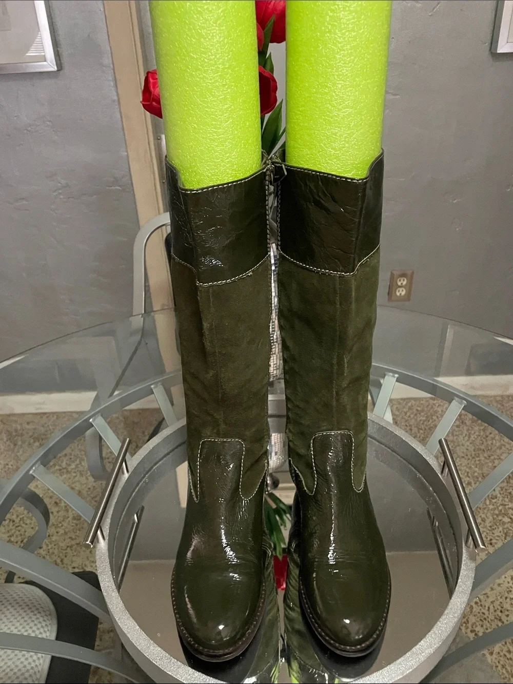 Boden Women's Knee-High Olive Green Suede & Patent Leather Boots GUC Sz 9/39